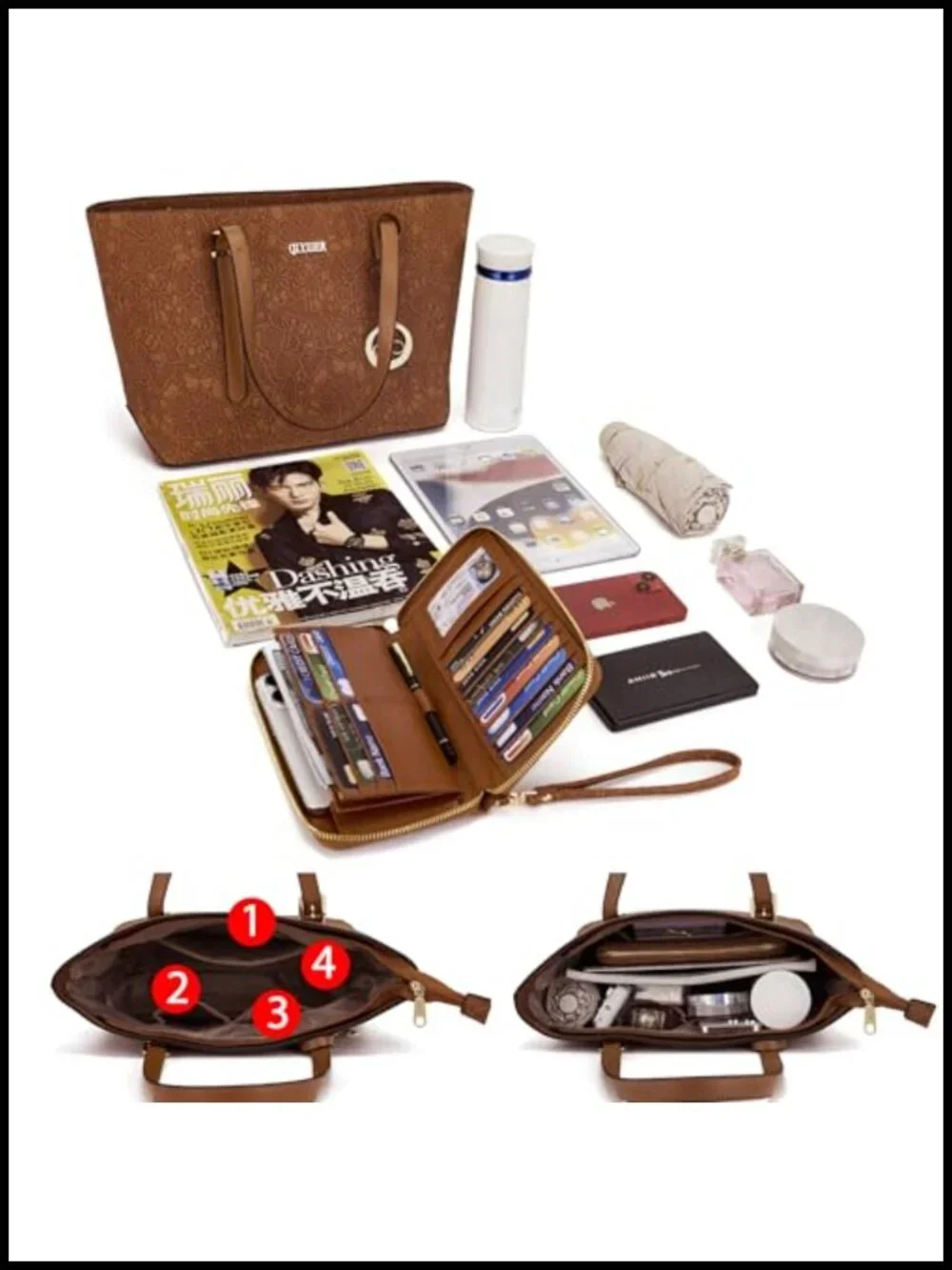 Women's Satchel Purse Set with Wallet and Cosmetic Bag Faux Leather